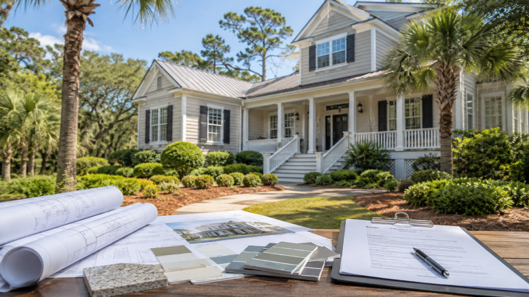 Architectural plans, approval documents, and exterior material samples in front of a Hilton Head coastal home