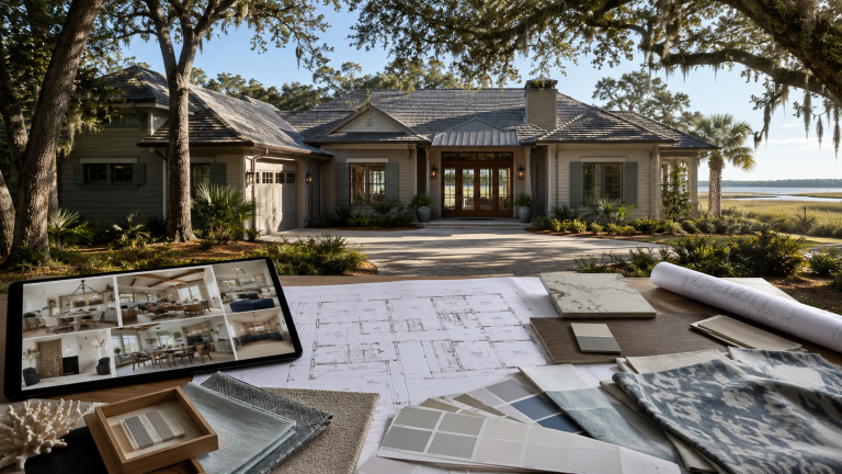 Architectural floor plans, interior design samples, and mood board in front of a Hilton Head coastal home
