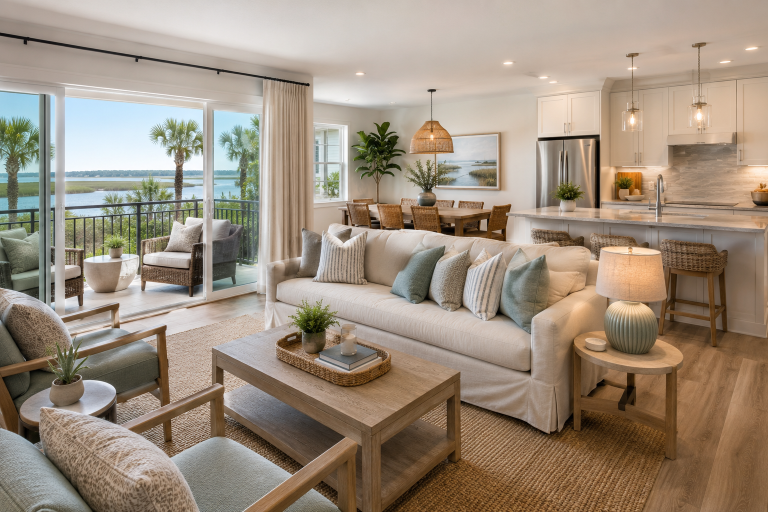 Realistic high-end Hilton Head vacation rental living room with coastal furnishings, layered lighting, open kitchen, balcony seating, and water views.