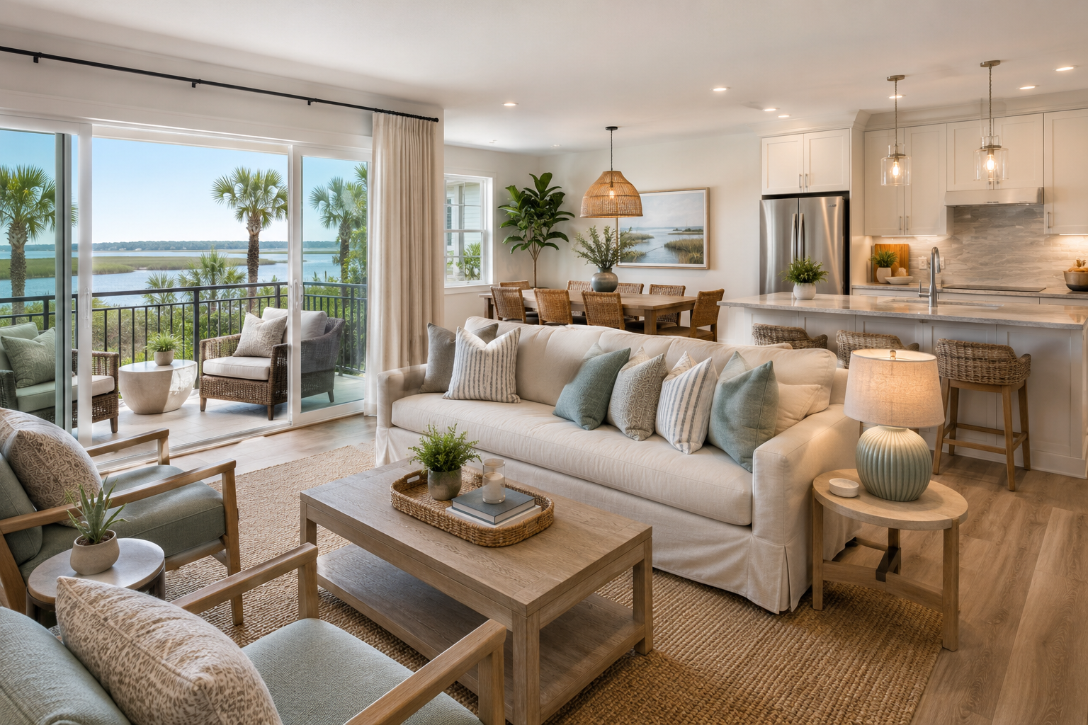 Realistic high-end Hilton Head vacation rental living room with coastal furnishings, layered lighting, open kitchen, balcony seating, and water views.