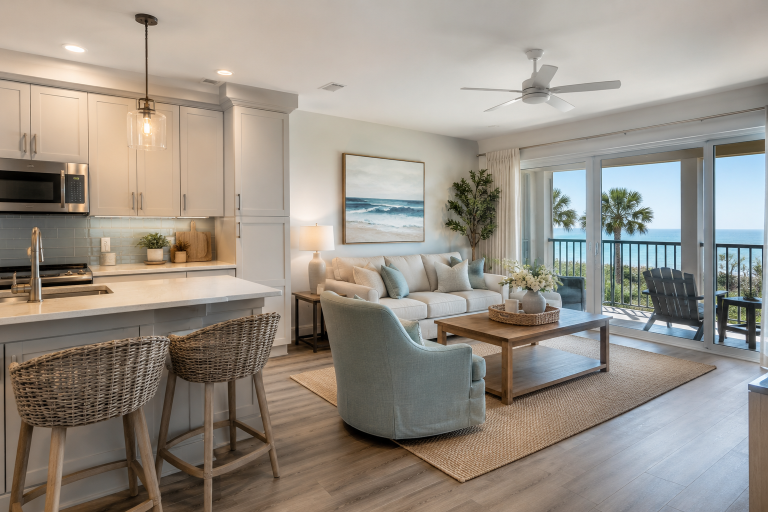 Realistic remodeled Hilton Head condo living room and kitchen with coastal finishes, balcony seating, and ocean views.