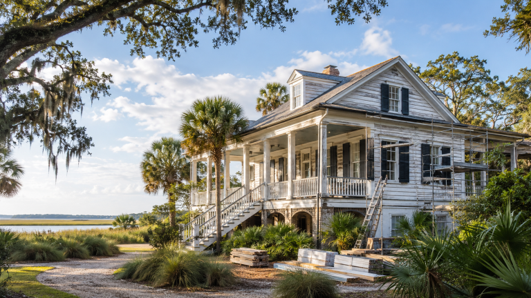 Older raised coastal home on Hilton Head Island being renovated near marsh grass, palmetto trees, and live oaks
